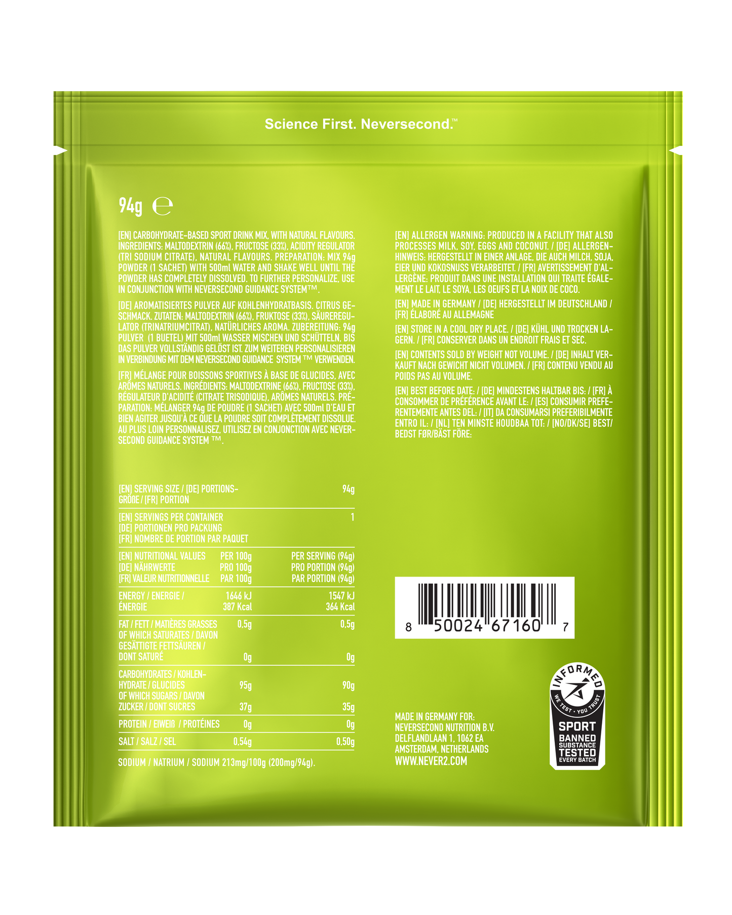 Boisson Neversecond Energy C90 High Cab Sachet 94gr Citrus