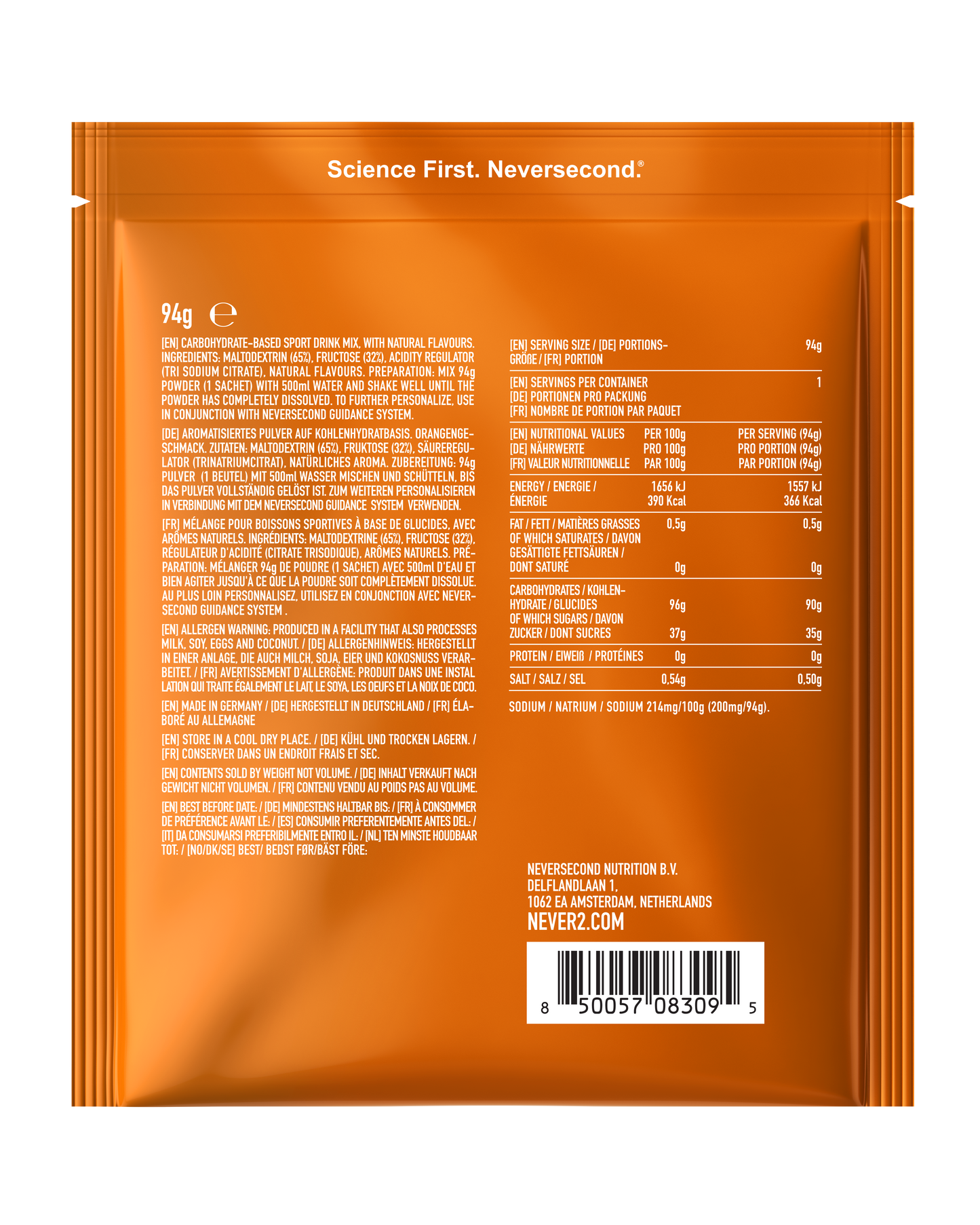 Boisson Neversecond Energy C90 High Cab Sachet 94gr Orange
